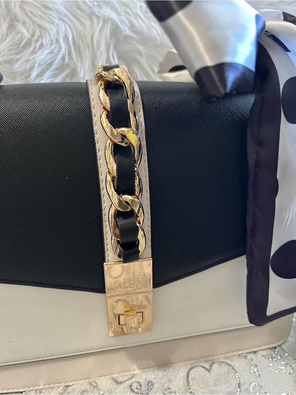 NWT Aldo, Medium, Black and Cream Top-Handle Satchel with Gold Chain Accent - Picture 3 of 13
